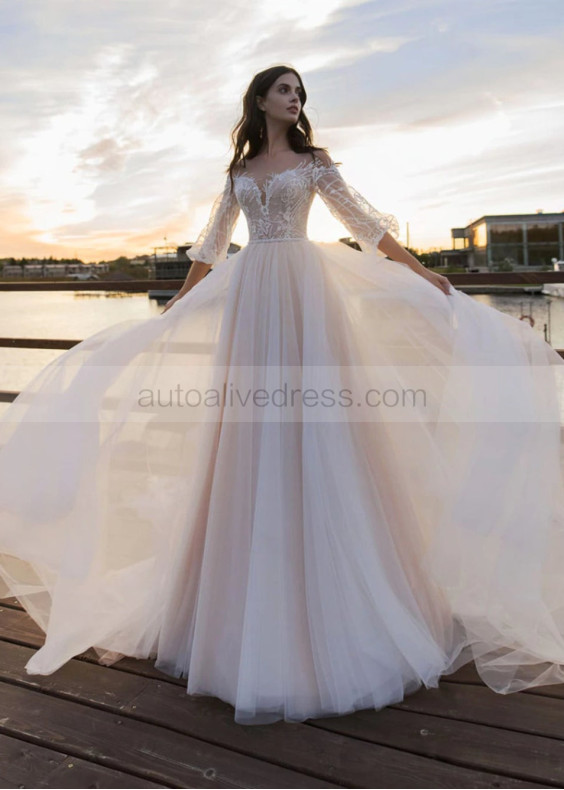 Puff Sleeve Ivory Sequined Lace Tulle Wedding Dress